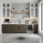 Modern kitchen with peel and stick tile backsplash, cabinetry, and open shelving.