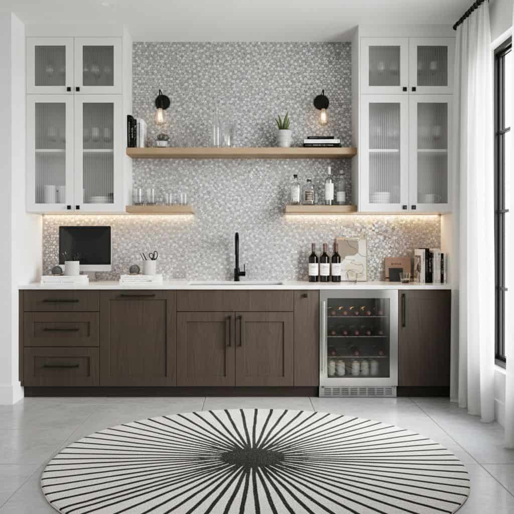 Modern kitchen with peel and stick tile backsplash, cabinetry, and open shelving.