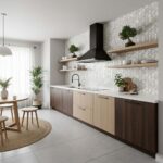 Image of a modern kitchen with peel and stick tile backsplash, wooden cabinets, and open shelves. Bright, clean, and stylish.