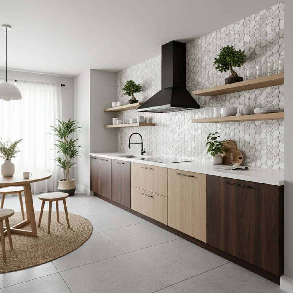 Image of a modern kitchen with peel and stick tile backsplash, wooden cabinets, and open shelves. Bright, clean, and stylish.