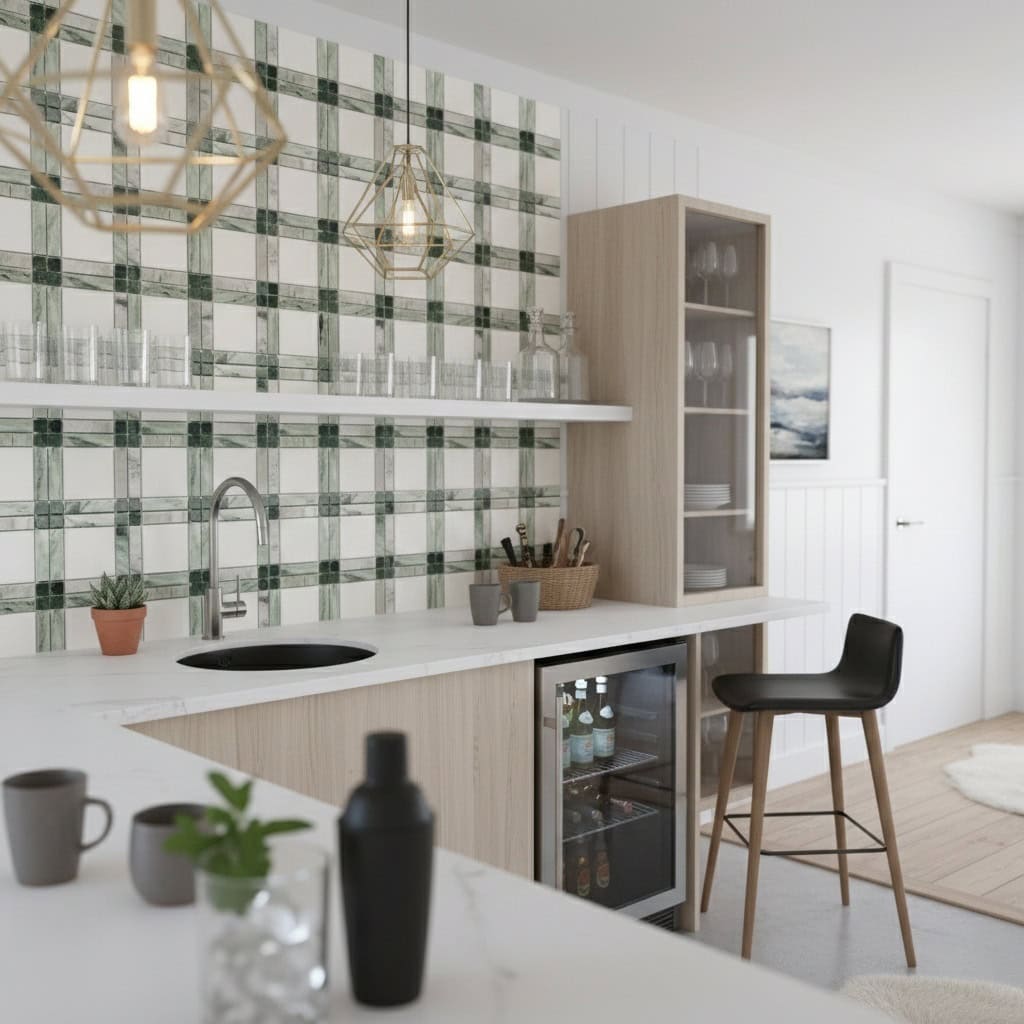 Green and white checkered ceramic tile backsplash.