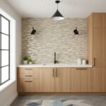 A modern kitchen featuring a peel and stick tile backsplash with neutral tones, complemented by wooden cabinets and black fix.