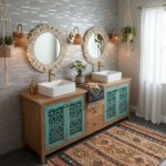 Decorative bathroom vanity with two wall mirrors and hanging plants.