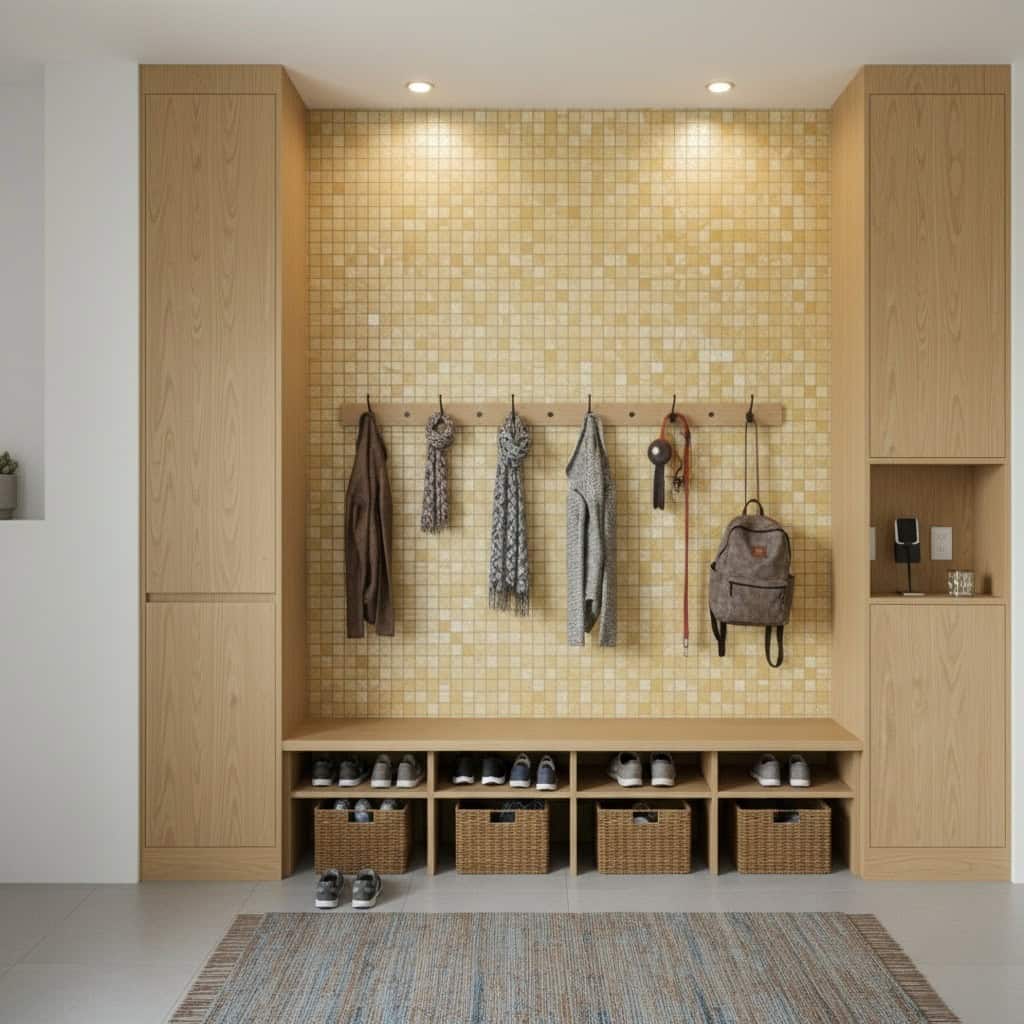 Elegant shell tile wall with mother of pearl and seashell accents, perfect for stylish home interior design.
