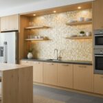 A modern kitchen featuring a beautiful mother of pearl shell tile backsplash with warm tones and a subtle shimmer.