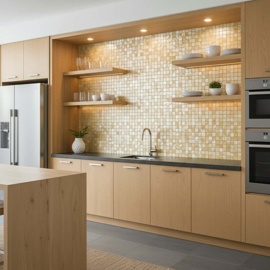 A modern kitchen featuring a beautiful mother of pearl shell tile backsplash with warm tones and a subtle shimmer.