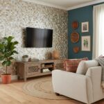 A living room featuring a wall decorated with mother of pearl shell tiles, creating a shimmering, textured accent wall.