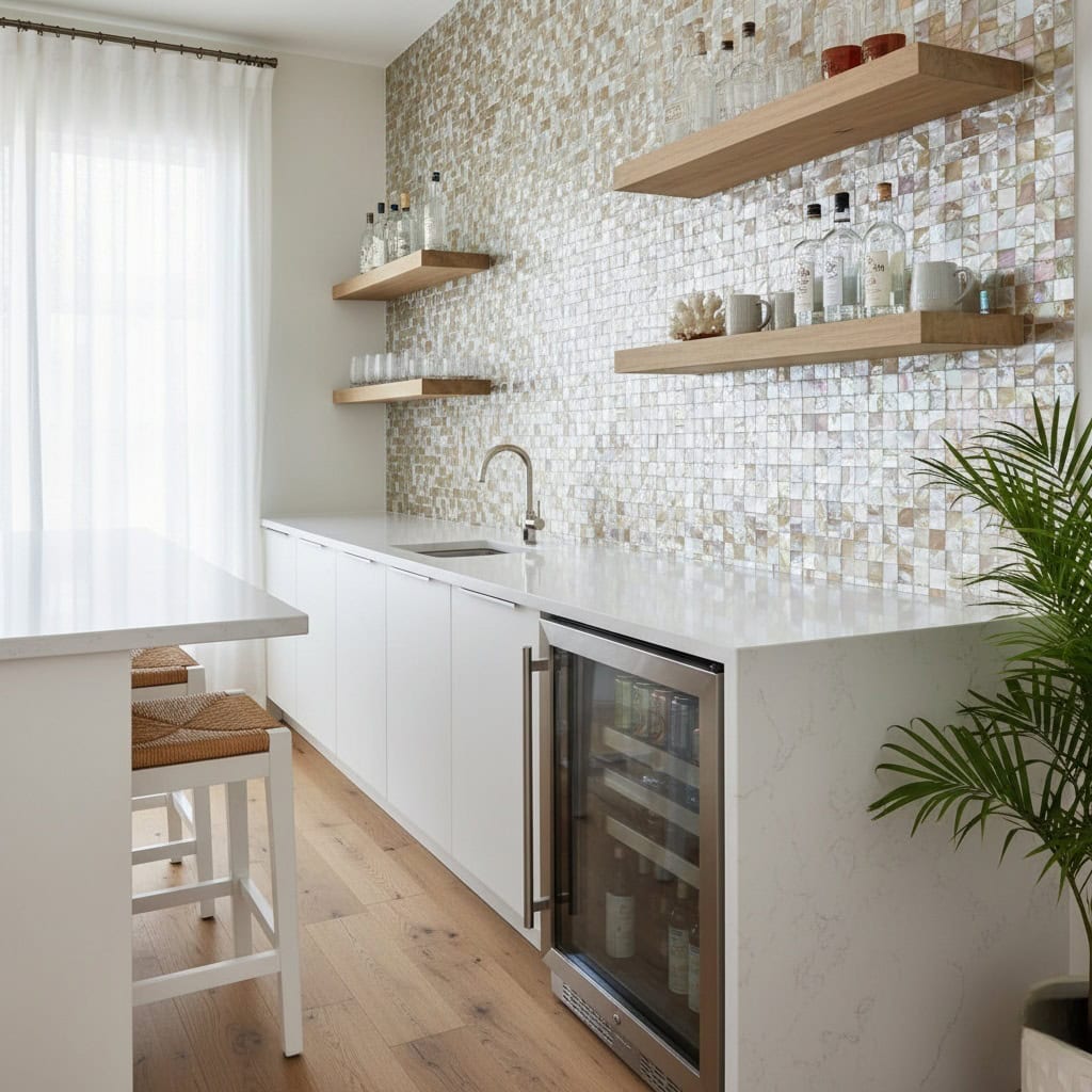 A modern kitchen featuring a beautiful mother of pearl shell tile backsplash with floating wooden shelves and a white counter.