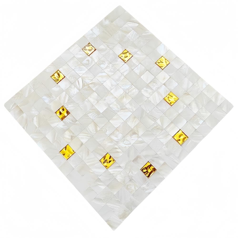 Mother of pearl tile with gold decorative accents, smooth texture, and iridescent white color. Perfect for luxurious wall or.