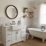 A bathroom featuring a shell tile backsplash with mother of pearl accents, a white vanity, and a vintage clawfoot bathtub for.