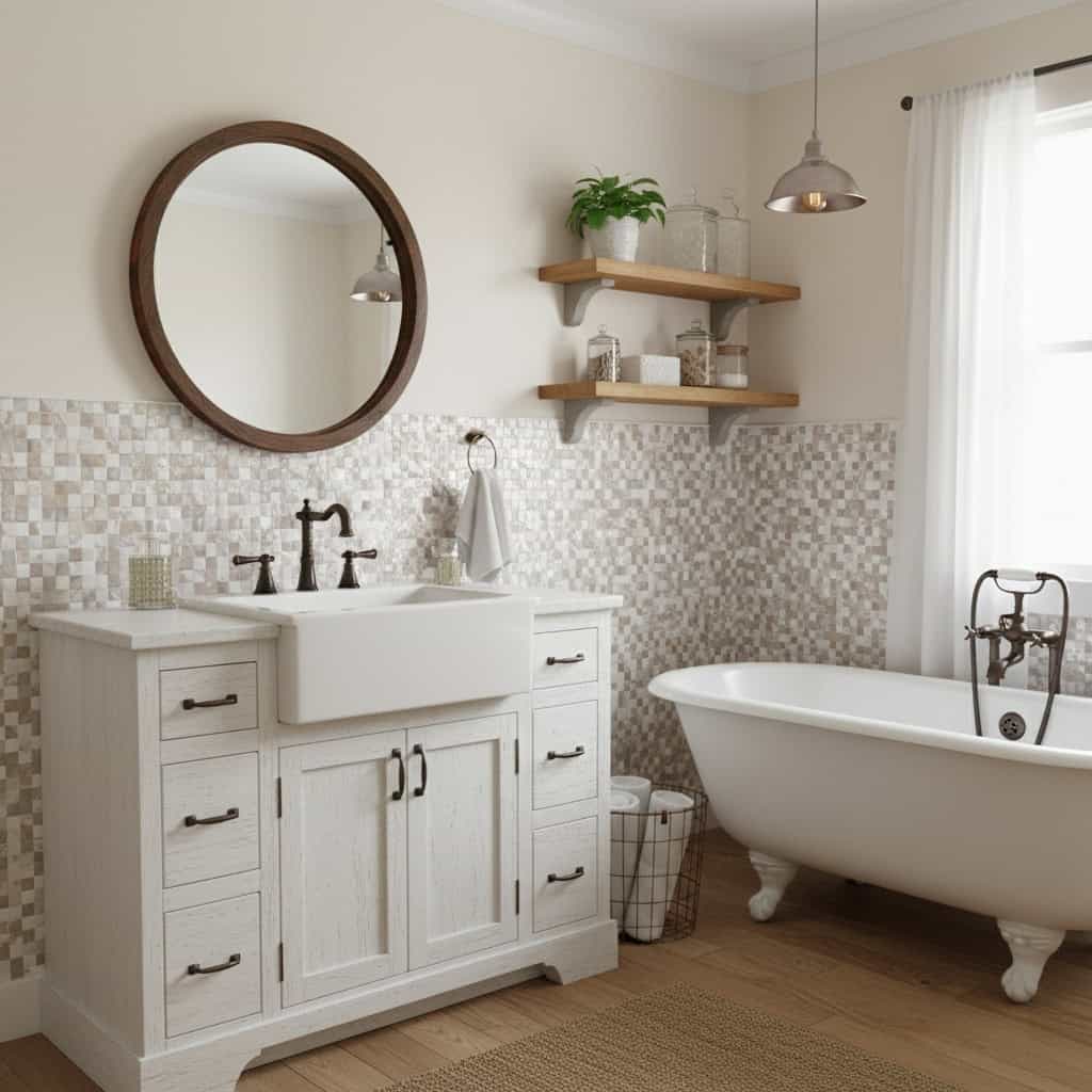 A bathroom featuring a shell tile backsplash with mother of pearl accents, a white vanity, and a vintage clawfoot bathtub for.