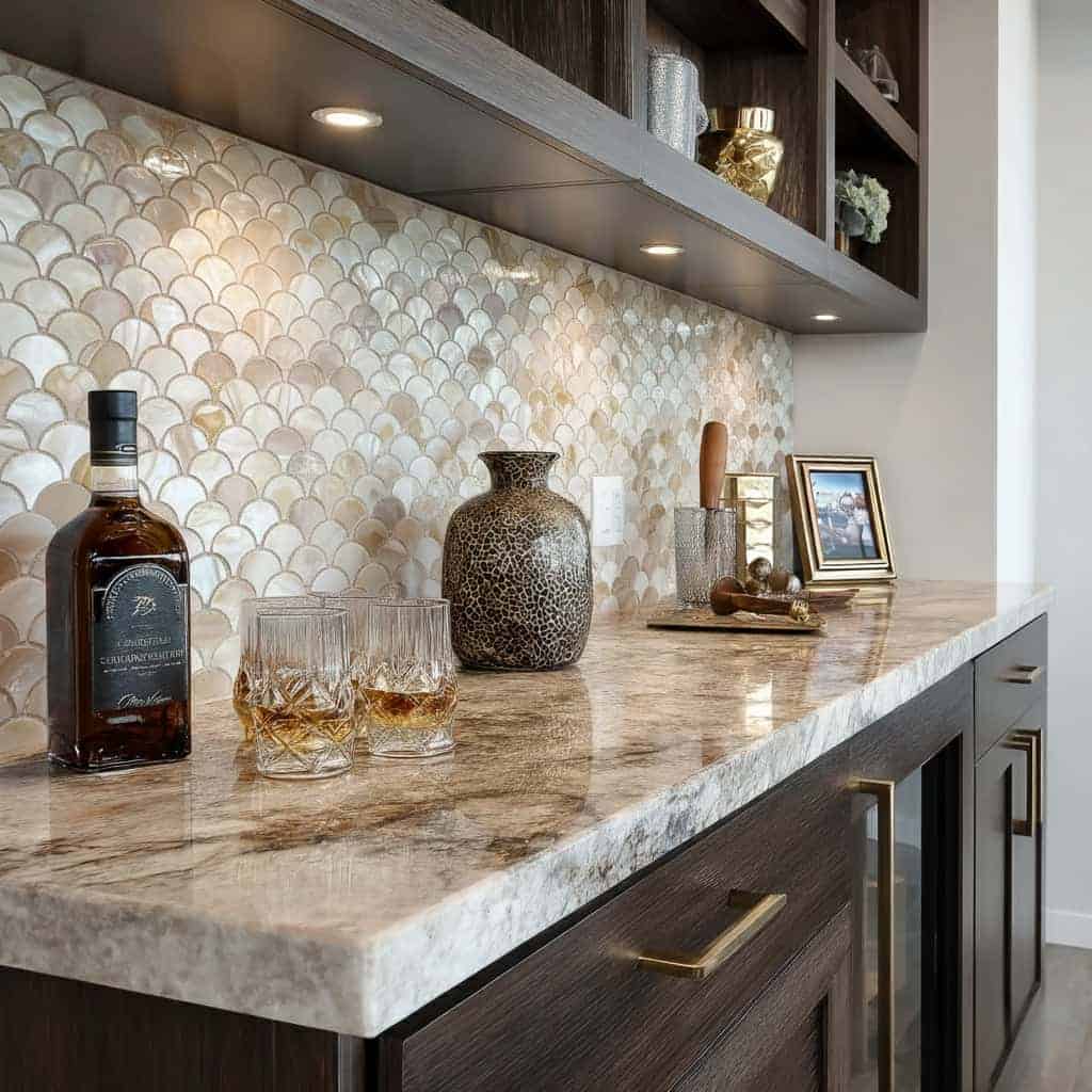 Elegant shell tile with mother of pearl finish for stylish kitchen decor.