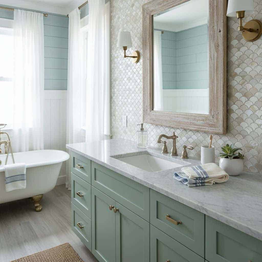 Elegant bathroom with mother of pearl shell tile accents and a vintage bathtub. Bright, airy space with coastal-inspired desi.