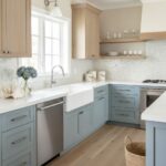 Bright kitchen featuring pearl shell tile backsplash and modern light blue cabinets.
