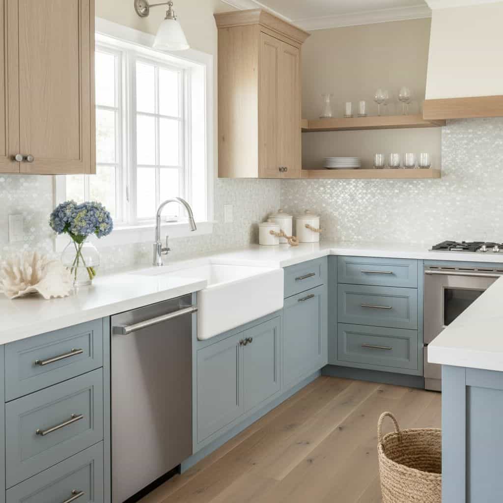 Bright kitchen featuring pearl shell tile backsplash and modern light blue cabinets.