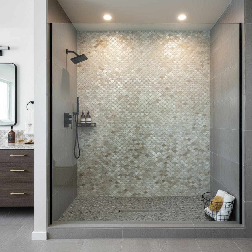 Shower wall featuring a shell tile pattern made from mother of pearl, creating a luxurious and natural aesthetic. Perfect for.