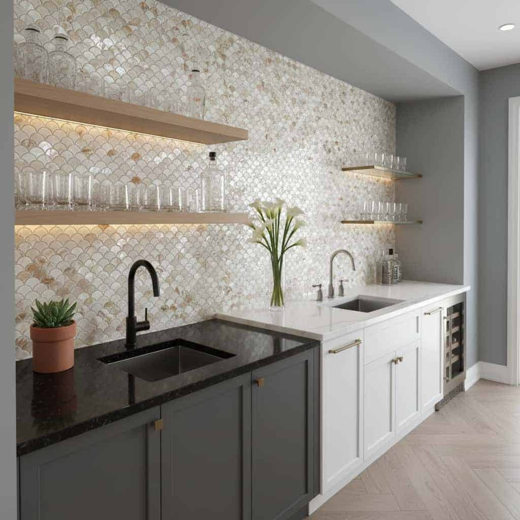 Mother of pearl shell tile with iridescent finish for kitchen backsplash.