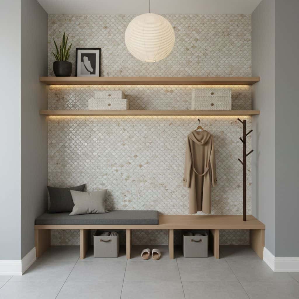 Beautiful shell tile wall with mother of pearl accents in a modern entryway. Features floating shelves, a coat rack, and mini.
