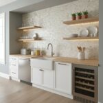 Mother of pearl shell tile backsplash in a modern kitchen with open wooden shelves and white cabinetry.
