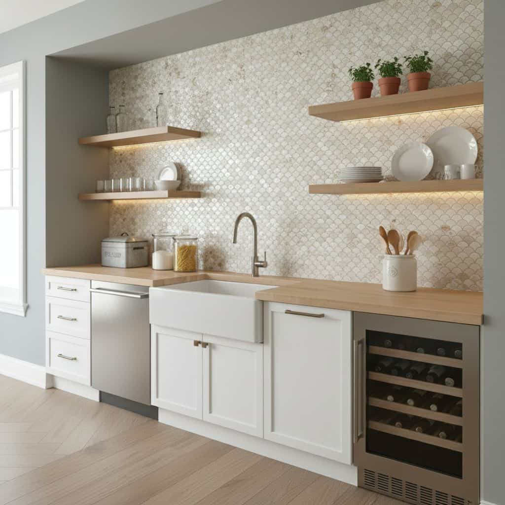Mother of pearl shell tile backsplash in a modern kitchen with open wooden shelves and white cabinetry.