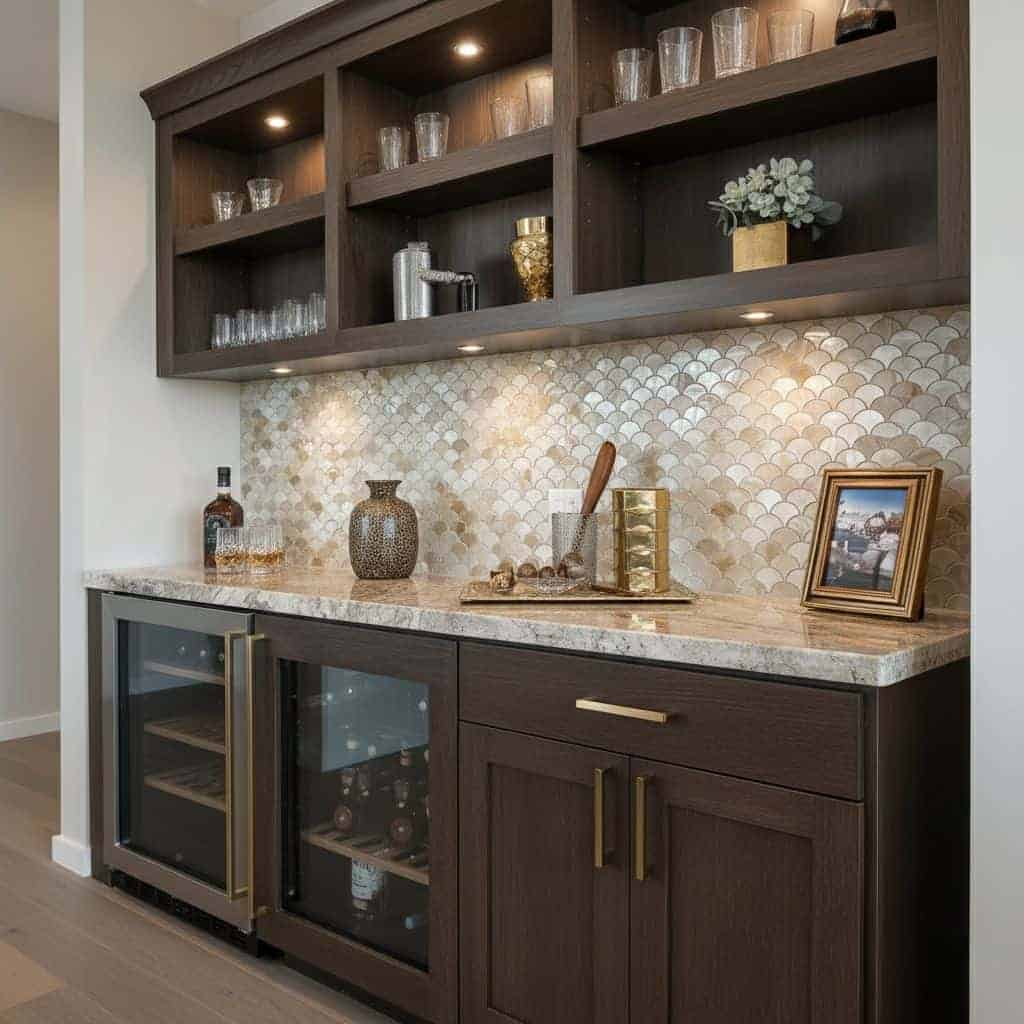 Up of a kitchen backsplash featuring mother of pearl shell tiles with a shimmering, iridescent finish.