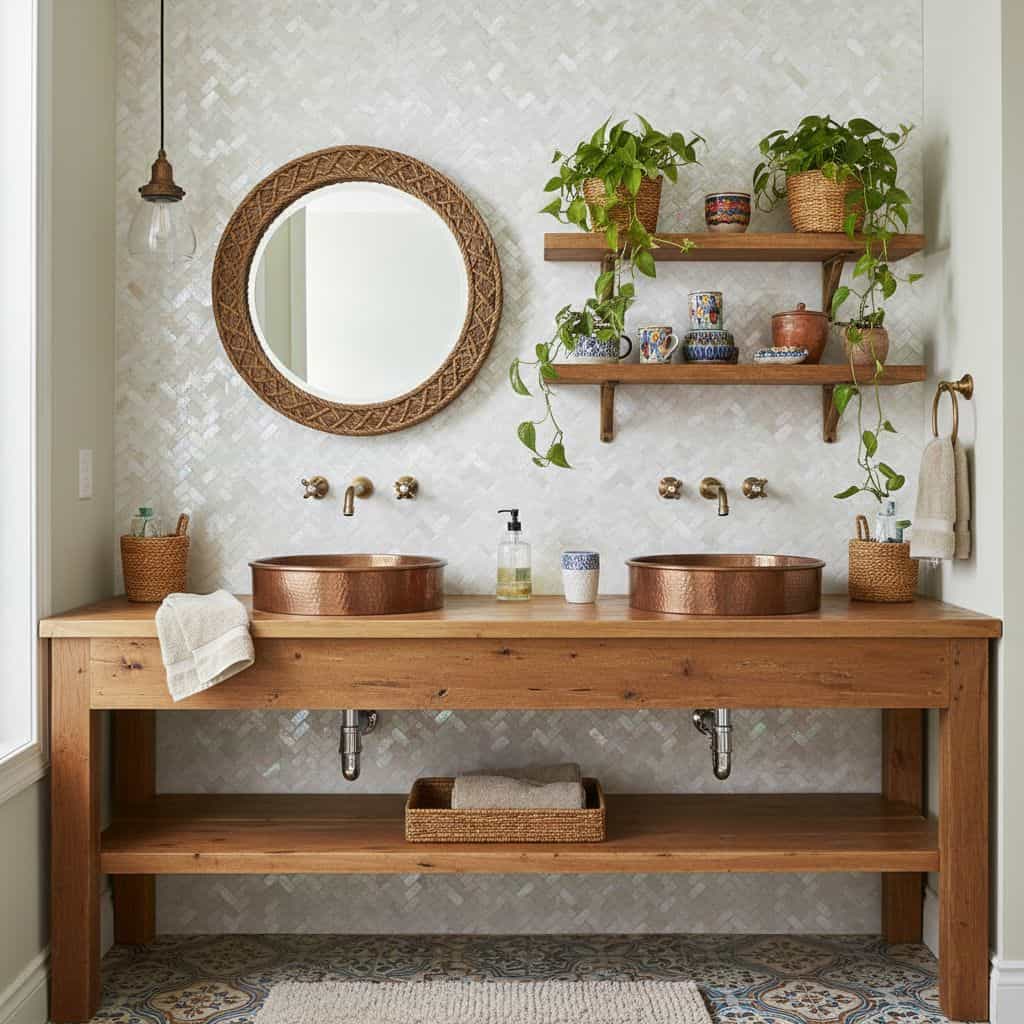 Bathroom vanity with shell tile backsplash and copper sinks, featuring wooden shelves and mirror for a coastal-inspired decor.