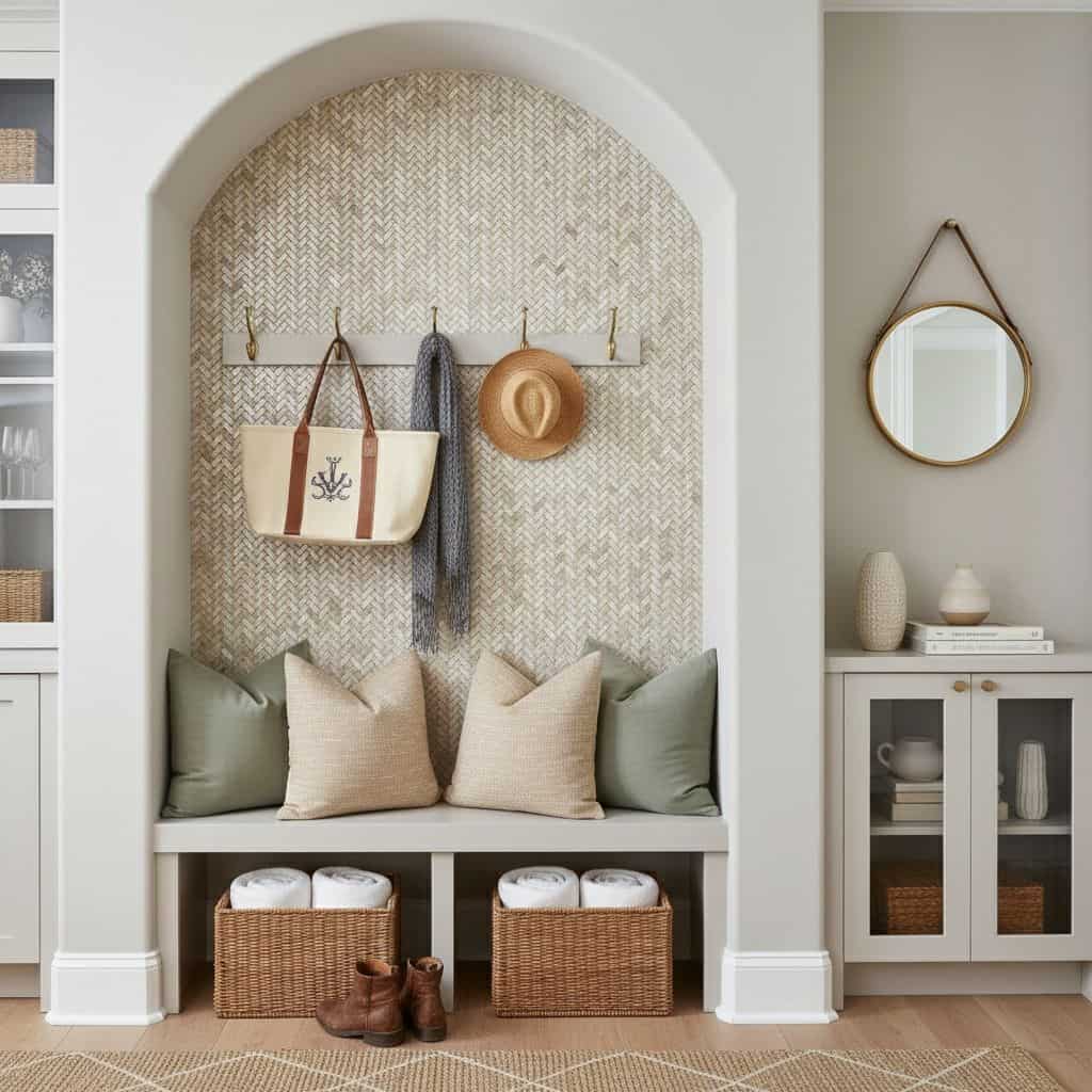 A cozy entryway with a built-in bench, pillows, and a decorative shell tile wall featuring mother of pearl and oyster shell a.