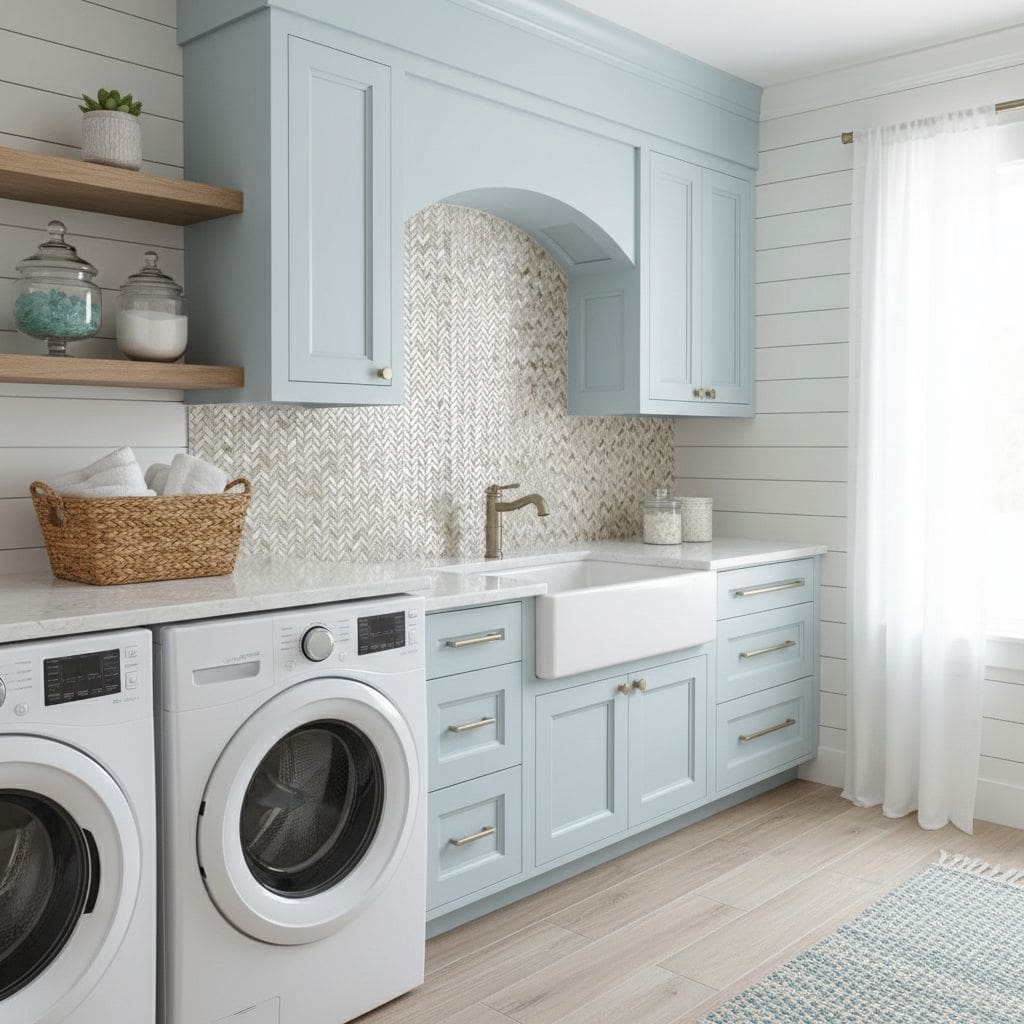 Mother of pearl shell tile backsplash in a bright, airy kitchen with light blue cabinets and white accents.