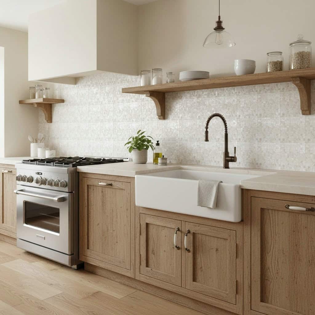 Mother of pearl shell tile backsplash in a modern kitchen with wooden cabinets and open shelves.