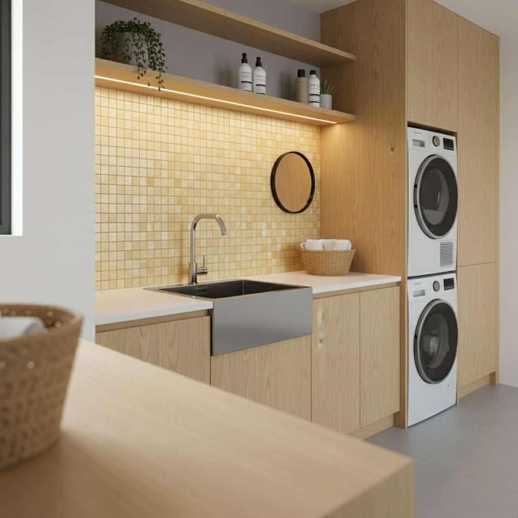 A modern laundry room featuring a shell tile backsplash, washer and dryer, and wooden cabinetry.