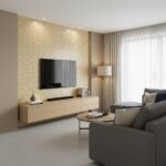 A modern living room featuring a wall decorated with mother of pearl shell tiles, adding a luxurious and reflective touch to.