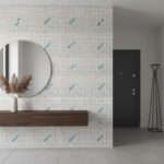 Mother of pearl shell tile wall with blue accents in modern interior design.