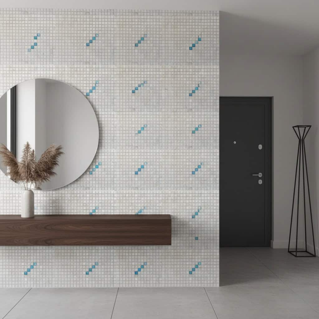 Mother of pearl shell tile wall with blue accents in modern interior design.