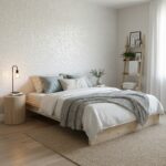 A cozy bedroom featuring a subtle, shimmering mother of pearl shell tile accent wall behind the bed.