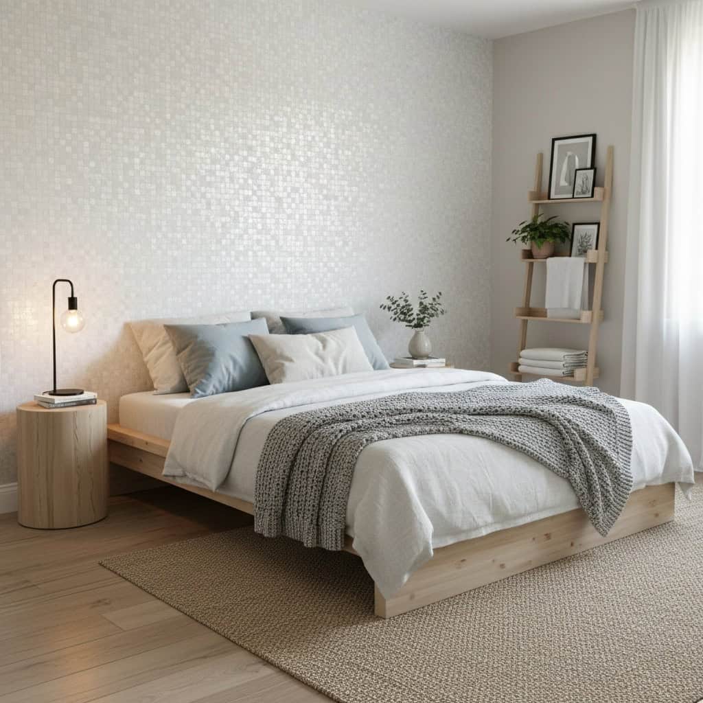 A cozy bedroom featuring a subtle, shimmering mother of pearl shell tile accent wall behind the bed.