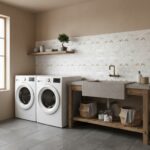 Laundry room with shell tile backsplash and utility sink.