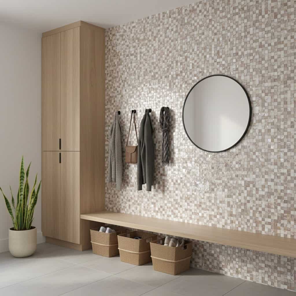 A stylish entryway with a mosaic shell tile wall, round mirror, and storage baskets, creating a natural and elegant home acce.