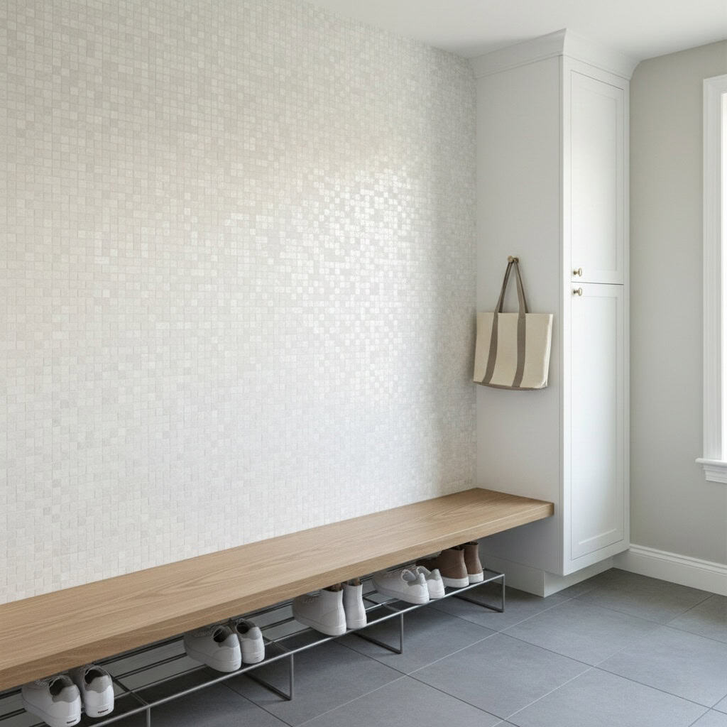 Elegant shell tile wall with mother of pearl finish in a modern entryway.