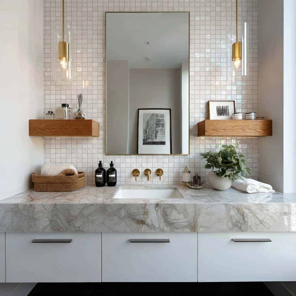 Elegant bathroom with mother of pearl shell tiles on the wall behind the mirror.