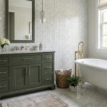 Elegant bathroom featuring a shell tile wall, a vintage bathtub, and a green vanity with gold fixtures.