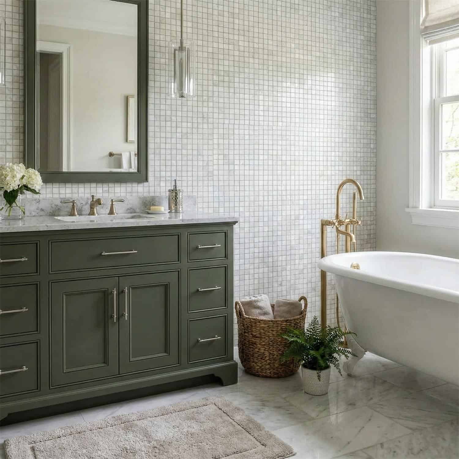 Elegant bathroom featuring a shell tile wall, a vintage bathtub, and a green vanity with gold fixtures.