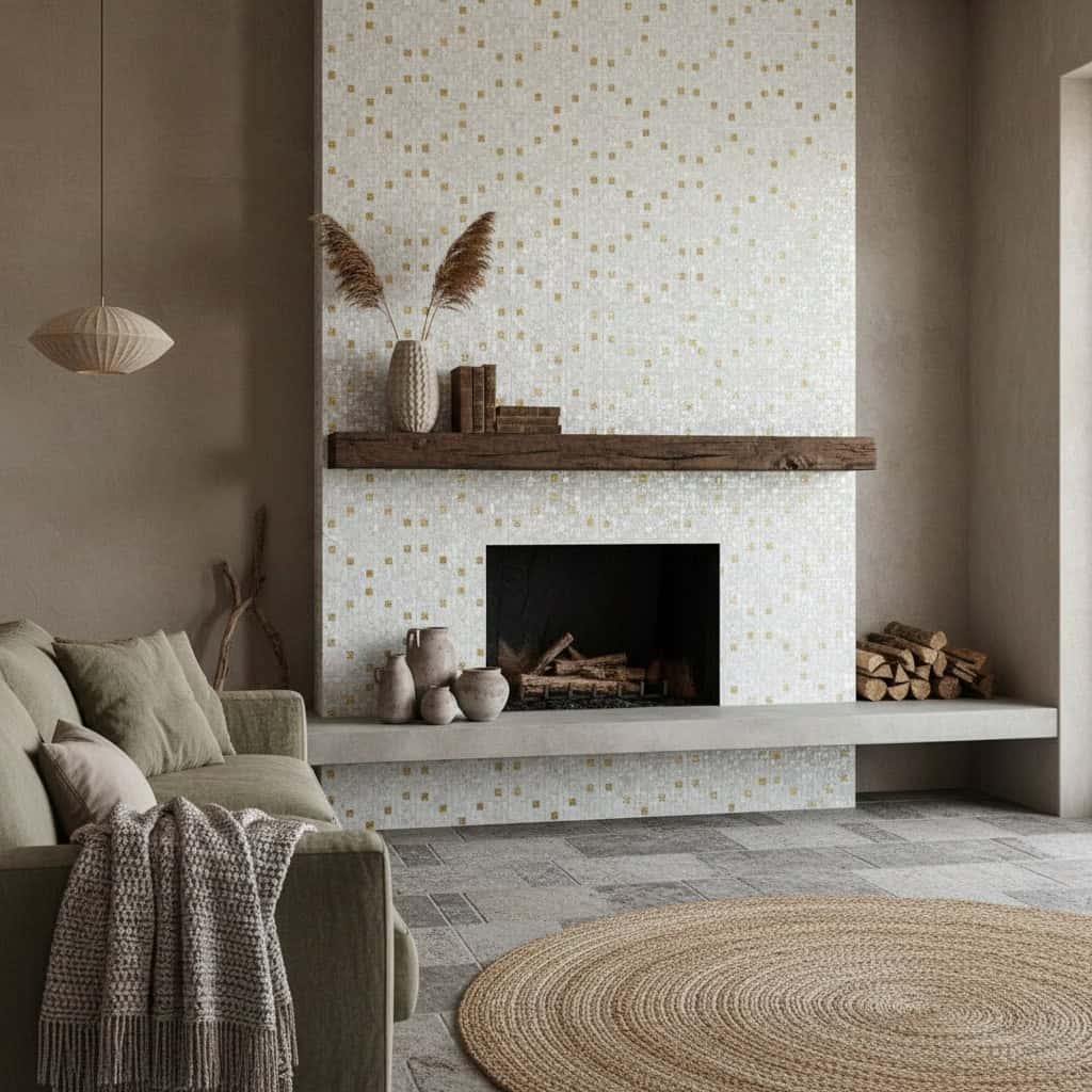 A stylish fireplace with a mother of pearl shell tile accent wall, adding a touch of elegance and natural beauty to the livin.
