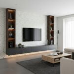 Modern living room with shell tile wall featuring mother of pearl, creating a luxurious and elegant ambiance.