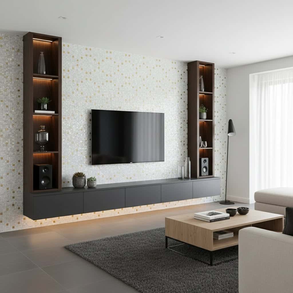 Modern living room with shell tile wall featuring mother of pearl, creating a luxurious and elegant ambiance.