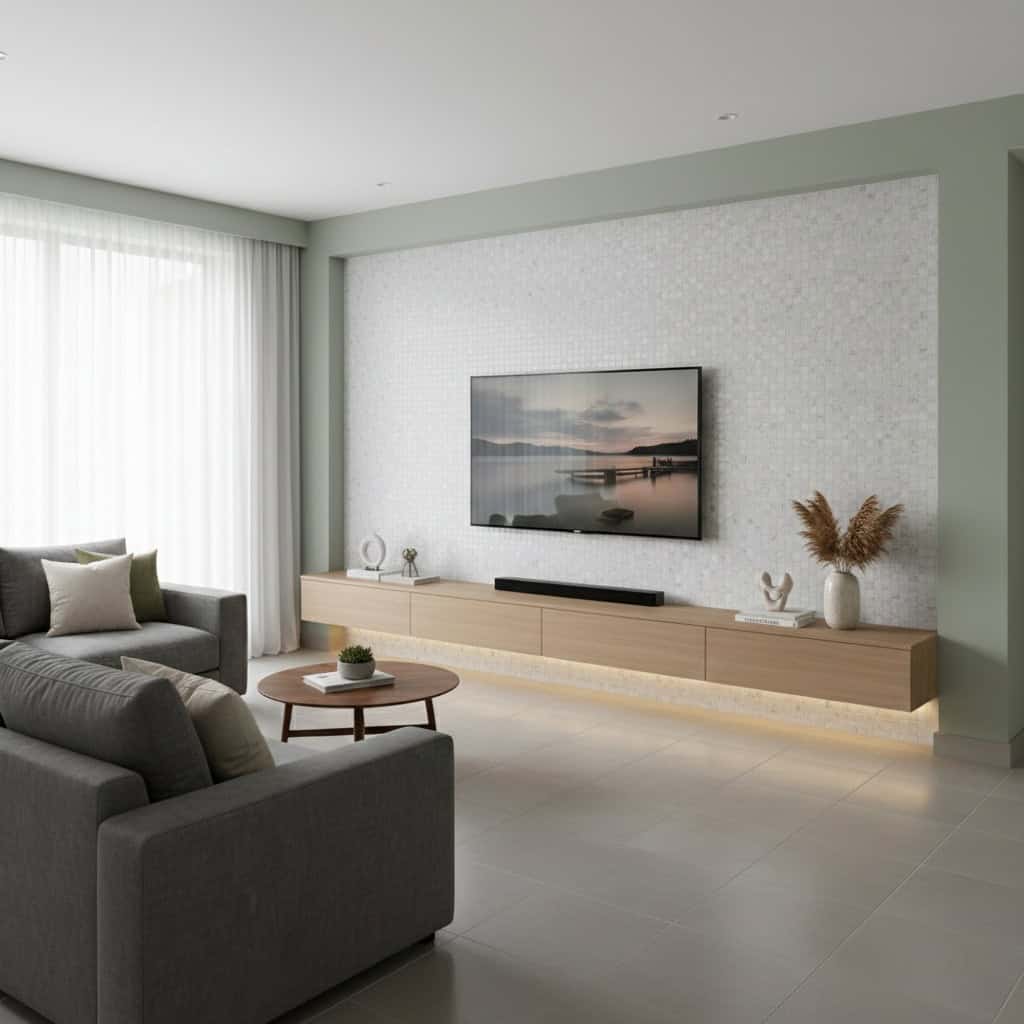 A modern living room featuring a wall with mother of pearl shell tiles, adding a luxurious and reflective texture to the spac.