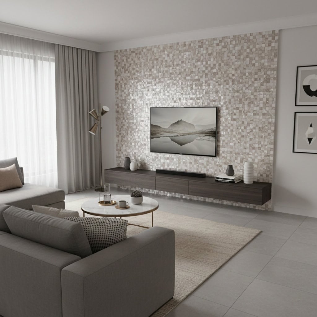 Modern living room with a feature wall made of mother of pearl shell tiles, adding a luxurious touch to the space.