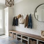 Decorative shell tile wall with hanging hats and coats in a bright, modern entryway.