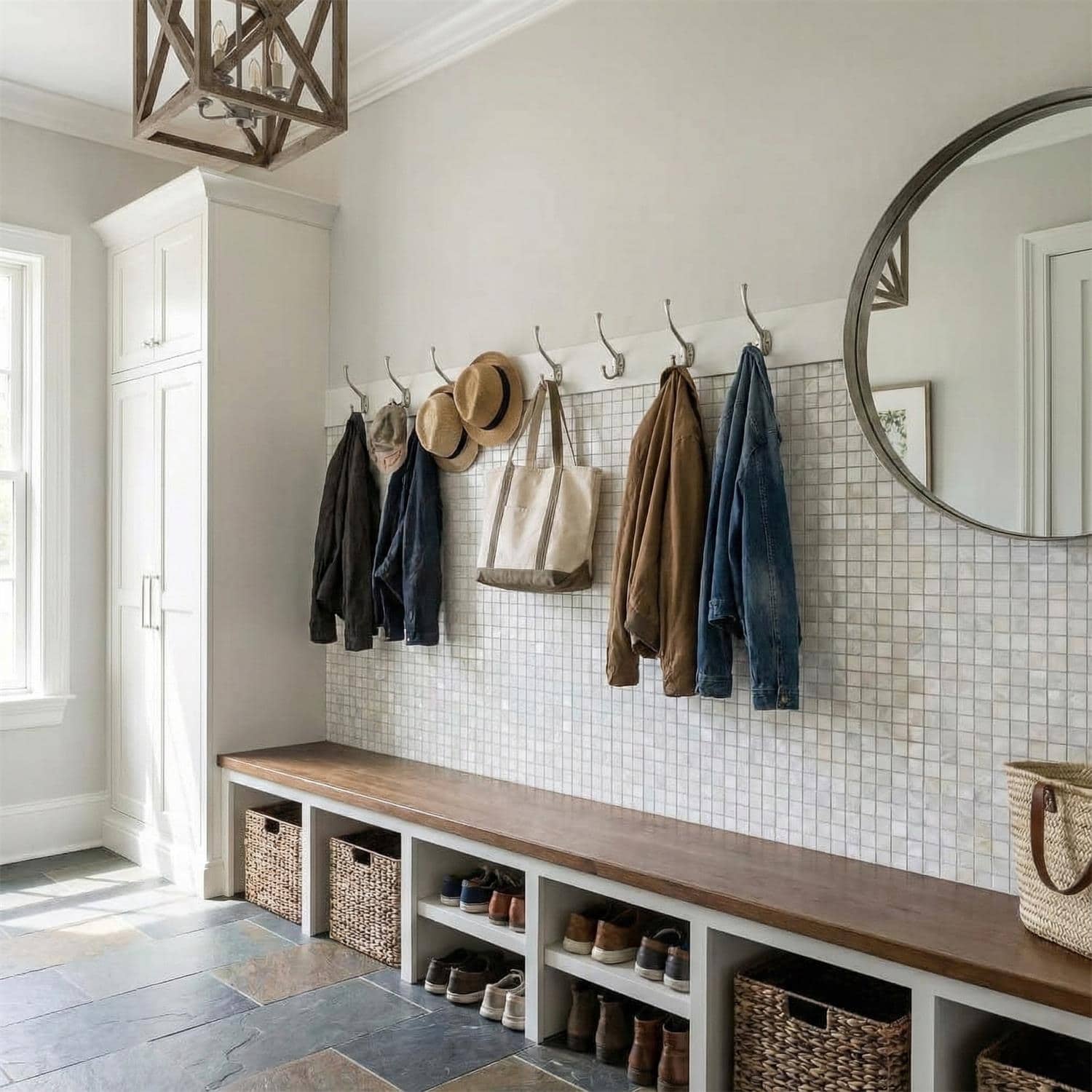Decorative shell tile wall with hanging hats and coats in a bright, modern entryway.