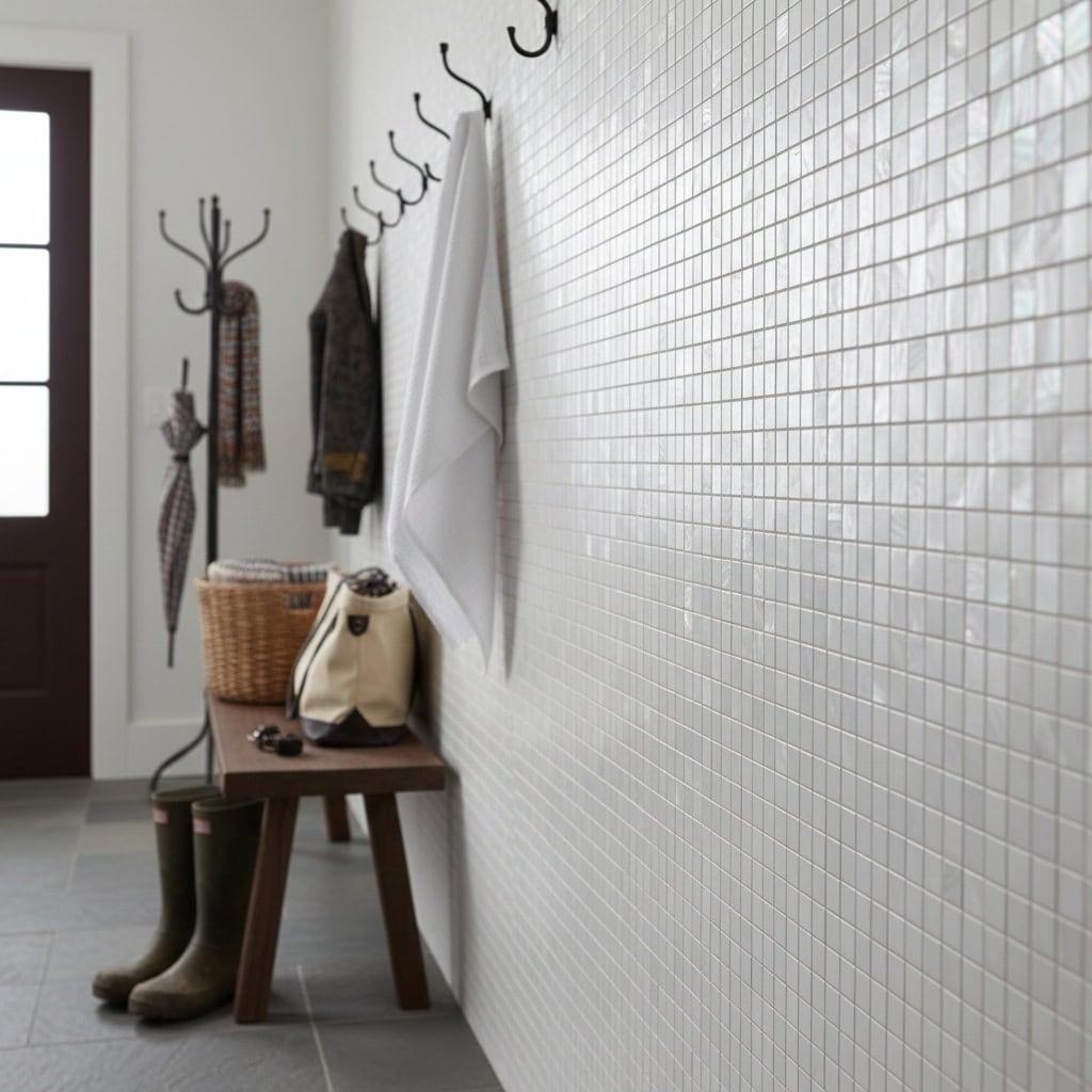 Up of a wall decorated with elegant mother of pearl shell tiles in a contemporary home interior.