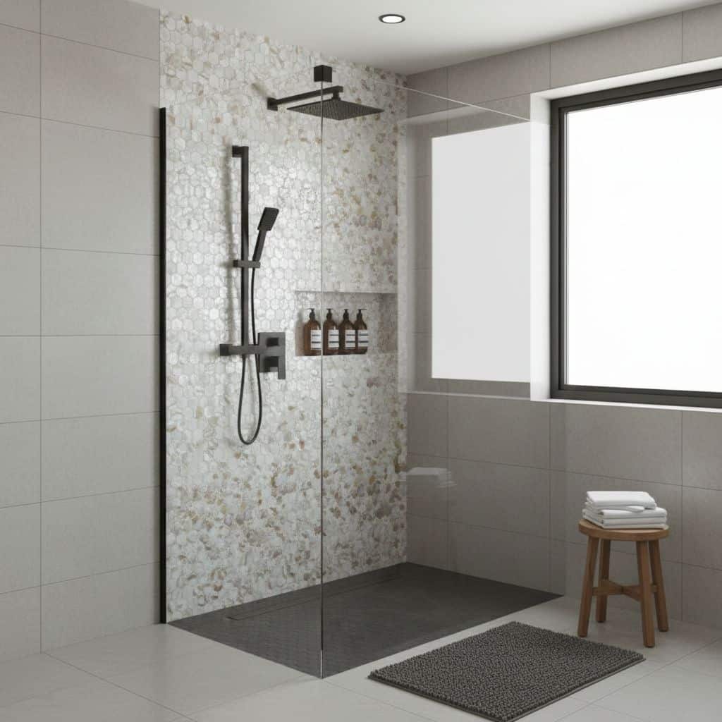 Elegant shell tile with mother of pearl finish in a contemporary bathroom shower area.
